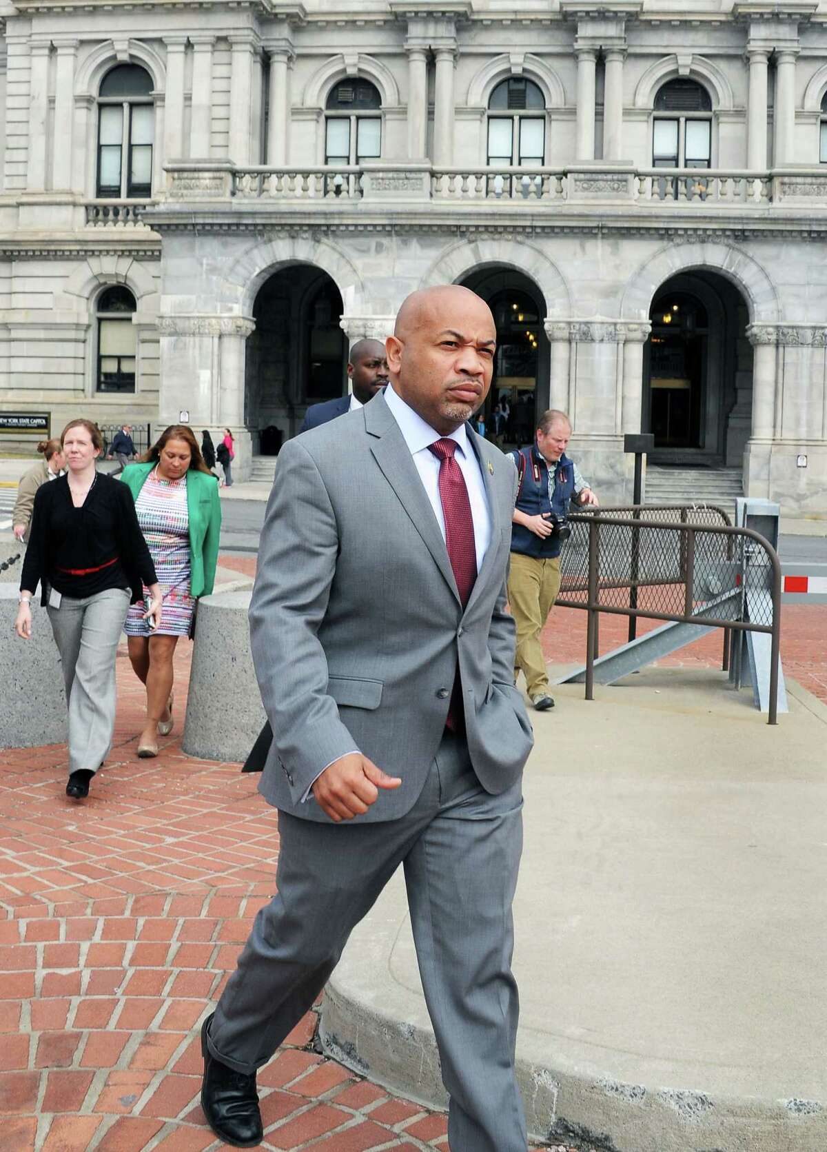 Assembly Speaker Carl Heastie arrives at a raise the minimum wage rally on the Empire State Plaza on Tuesday, March 15, 2016, in Albany, N.Y. The state Assembly overwhelmingly passed an ethics reform bill Tuesday(John Carl D'Annibale / Times Union)