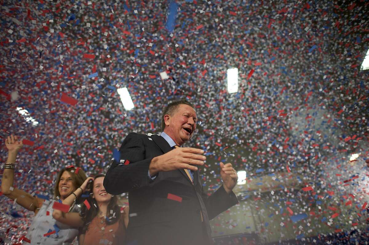 Ohio Gov. John Kasich, a Republican presidential hopeful, celebrates his Ohio primary victory at an election night party at Baldwin Wallace University in Berea, Ohio, March 15, 2016. (Mark Makela/The New York Times)