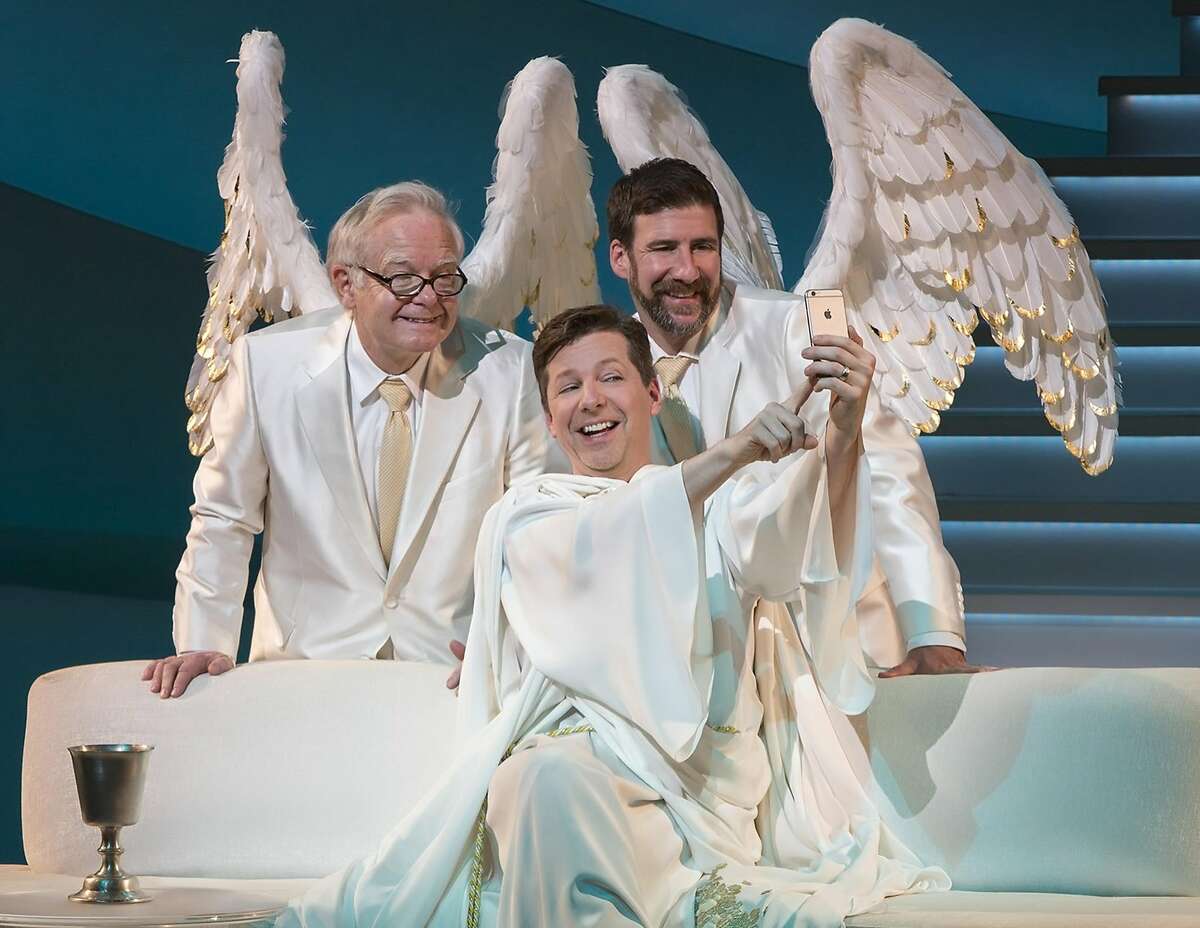 This image released by Polk & Co. shows James Gleason, from left, Sean Hayes and David Josefsberg in a scene from "An Act of God." Hayes has the title role in the West Coast production of the play, a cheeky take on the Almighty and what he really thinks of his imperfect human charges.(Jim Cox/Polk & Co. via AP)