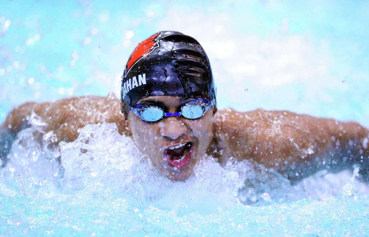 Greenwich’s Alex Jahan competes in the 200 IM event that he won during the Class LL championships at Wesleyan University. Jahan also won the 100 yard breast-stroke in a state record time of 55:14.