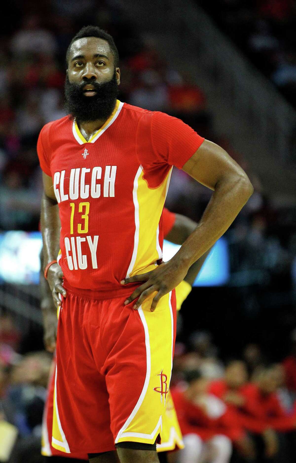 Houston Rockets guard James Harden (13) during the first half of an NBA basketball game at Toyota Center, Wednesday, March 16, 2016.