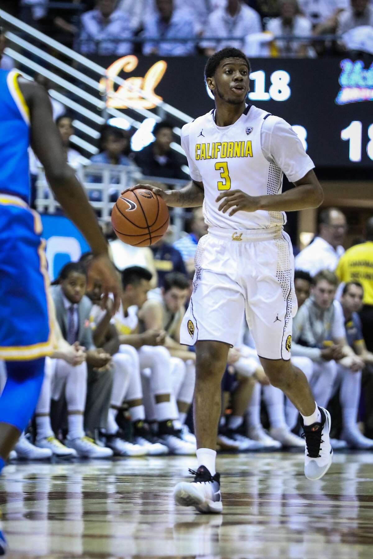 California Golden Bears Tyrone Wallace (3) drives the ball down the court in a game against UCLA Bruins at Haas Pavilion, in Berkeley, California on Thursday, February 25, 2016.