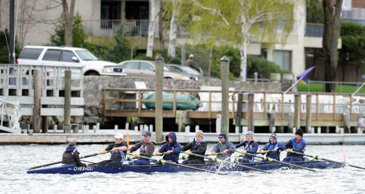 The Greenwich Club crew 8 person shell during their first race of the morning, which they won, beating the 8 person shell from Fairfield Prep, April 10, 2010, Greenwich Harbor, during the NYPPEX Greenwich Invitational Sprints.