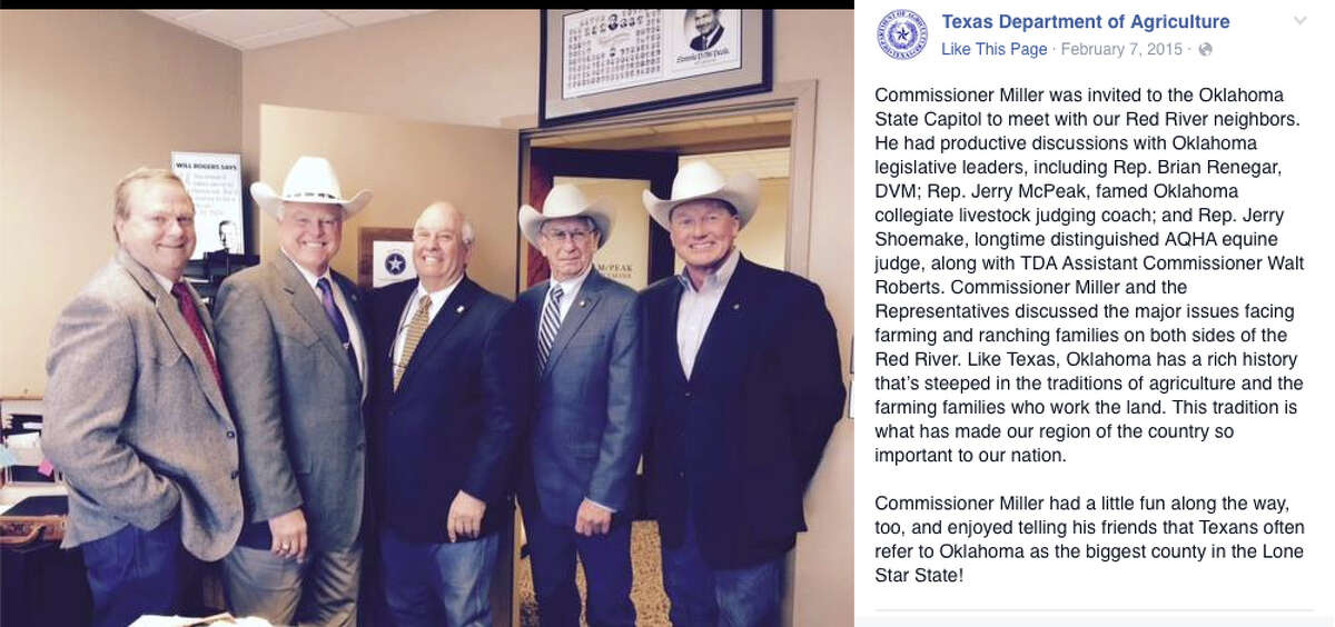 Sid Miller, second from left, poses with Oklahoma Reps. Brian Renegar, from left, Jerry McPeak and Jerry Shoemake and Texas Department of Agriculture Assistant Commissioner Walt Roberts.