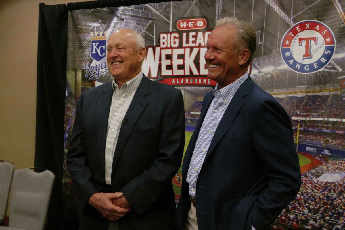 Nolan Ryan, left, and George Brett, who are members of the baseball's Hall of Fame, speak to the press on Thursday, March 17, 2016, about Big League Weekend, during which the Kansas City Royals will play the Texas Rangers twice in the Alamodome.