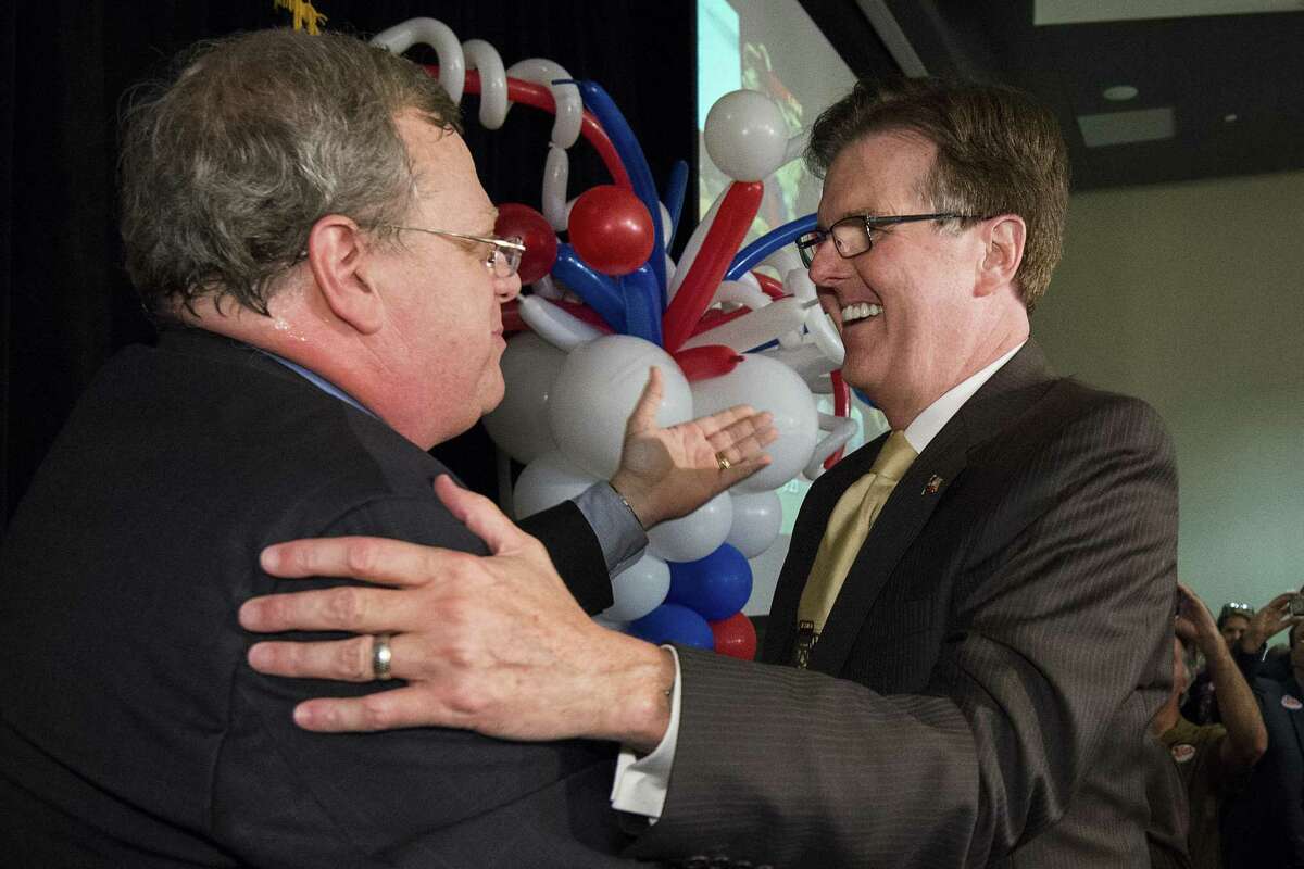 Sen. Paul Bettencourt, left, is the author of Senate Bill 2, which would gut local government’s ability to tax. Here he celebrates in 2014 with now Lt. Gov. Dan Patrick after the polls closed in the Republican primary runoff election in May that year.