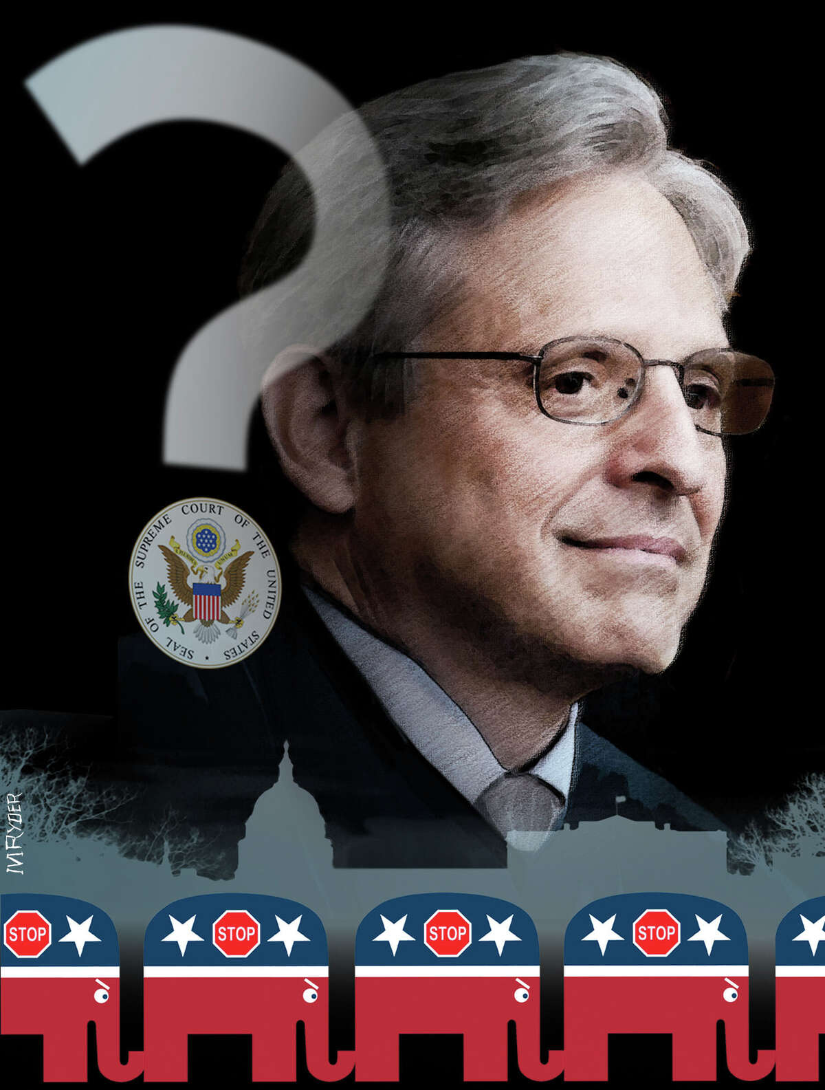 This artwork by M. Ryder refers to Merrick Garland as nominee to the U.S. Supreme Court.