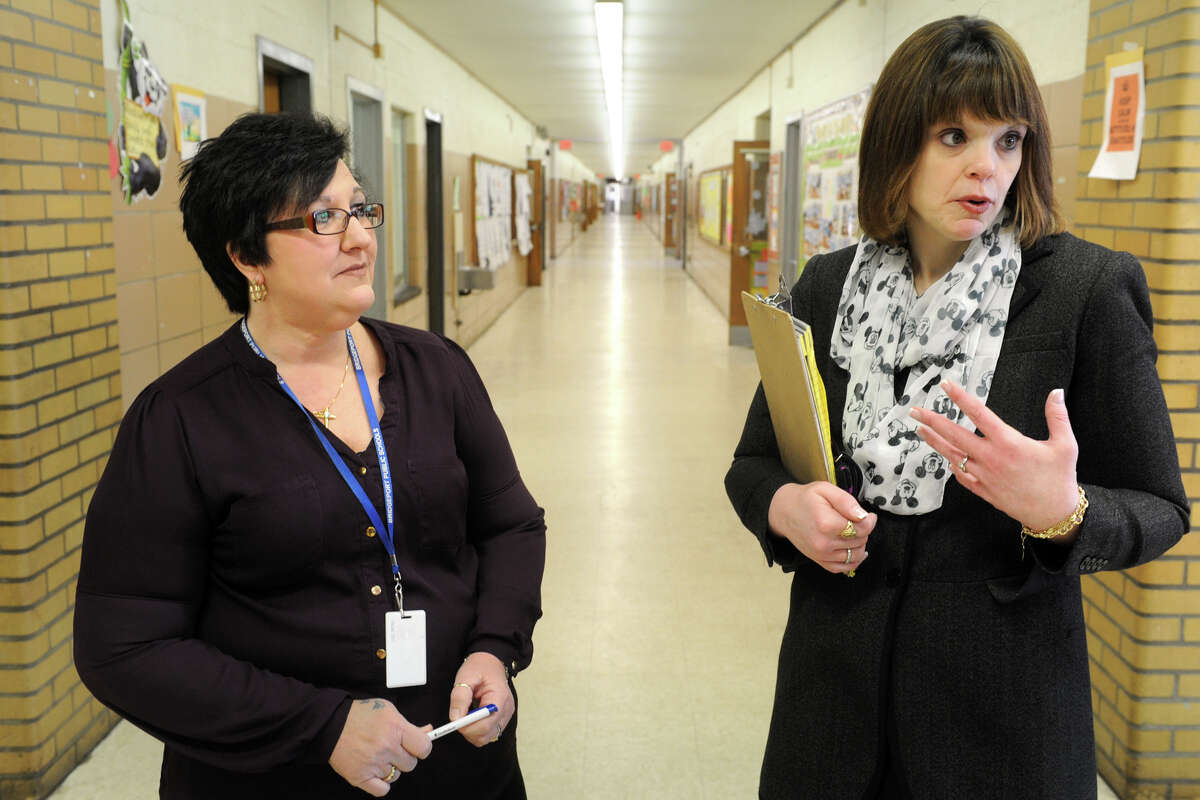 Principal Terese Maguire, right, and Home School Cordinator Patricia Bridgforth, left, at Park City Magnet School, in Bridgeport, Conn. Feb. 18, 2016.
