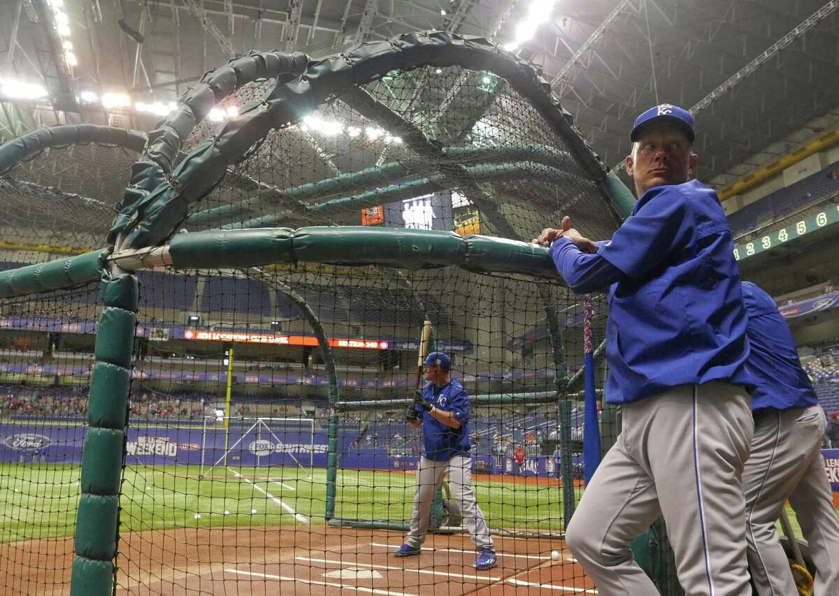 Baseball Hall of Fame member George Brett, who played with the Kansas City Royals, watches the Royals take batting practice in the Alamodome prior to their Big League Weekend game against the Texas Rangers on March 19, 2016.
