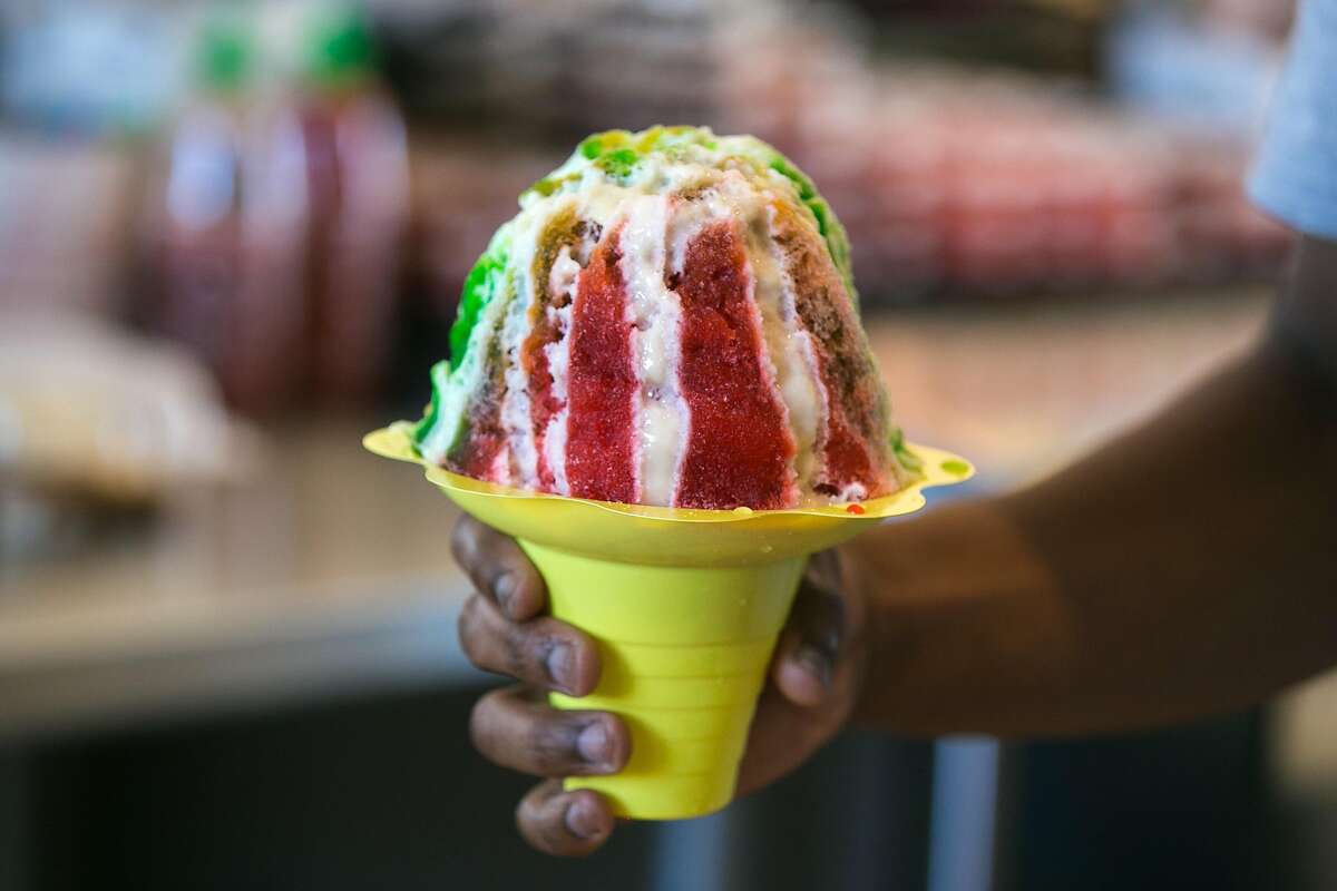 A rainbow shaved ice with condensed milk at Huli Huli.