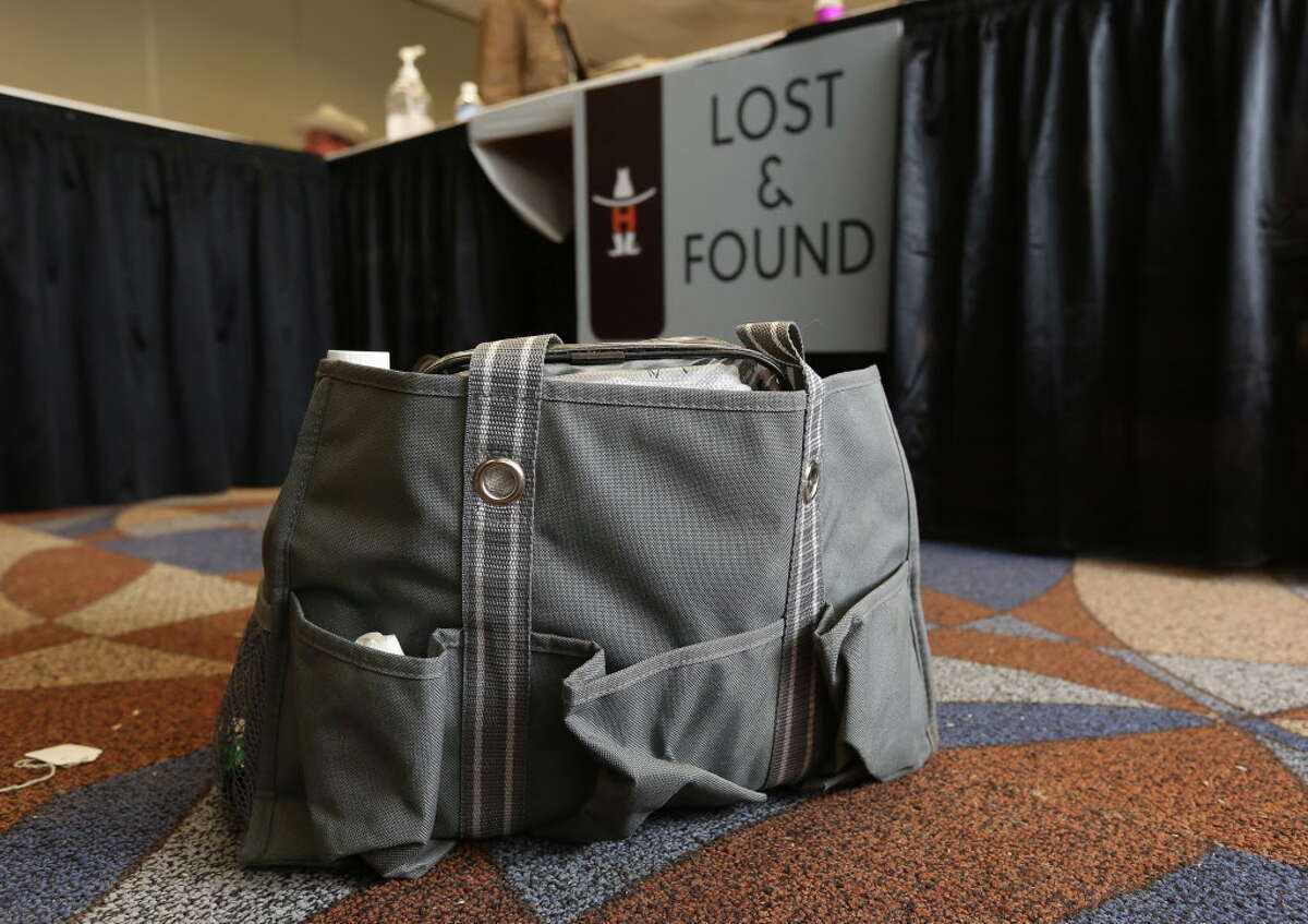 An animal-car supply bag is seen at the lost and found on the last day of the Houston Livestock Show and Rodeo Sunday, March 20, 2016, in Houston.