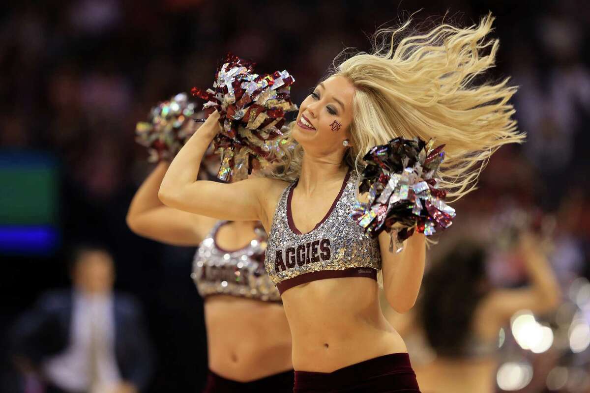 OKLAHOMA CITY, OK - MARCH 20: Texas A&M Aggies cheerleaders perform in the first half against the Northern Iowa Panthers during the second round of the 2016 NCAA Men's Basketball Tournament at Chesapeake Energy Arena on March 20, 2016 in Oklahoma City, Oklahoma.
