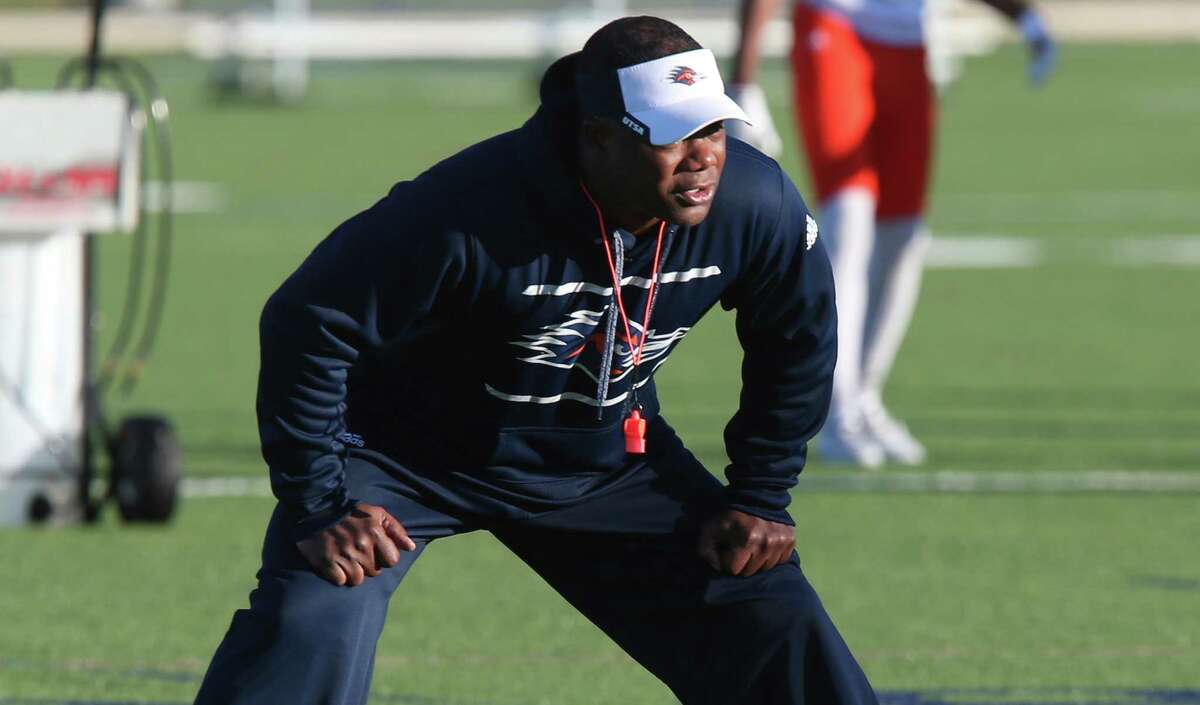 UTSA coach Frank Wilson goes through the first day of spring football practice at the main campus on March 21, 2016. Wilson was named head coach of the team after the first coach of the program, Larry Coker, was ousted in January.