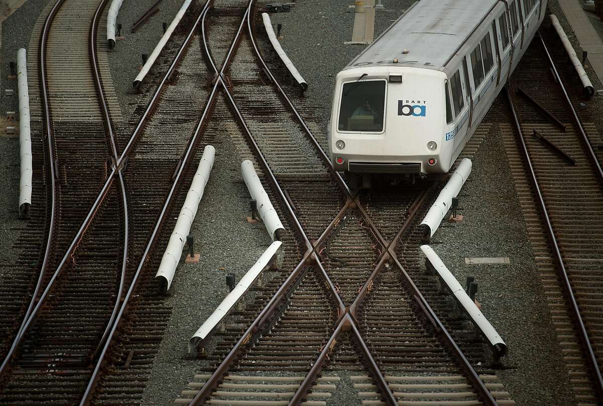 A BART rides over rails just north of the North Concord station on Monday, March 21, 2016, in Concord, Calif. Transit officials said they haven�t pinpointed a �root cause� for a track power-surge problem that halted service between the Pittsburg-Bay Point and North Concord stations.