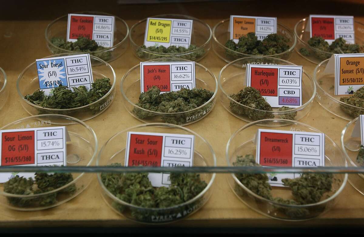 A selection of available medical marijuana is displayed in a glass case at the Harborside Health Center dispensary in Oakland, Calif. on Thursday, July 12, 2012. The Department of Justice served notice that it will seize the assets and shut down Harborside within 20 days.