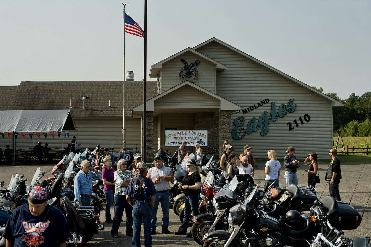 NICK KING | nking@mdn.net Motorcyclists gather in the parking lot of the Midland Eagles before leaving on the 9th Annual LUV RIDE for Kids with Cancer Saturday at the Midland Eagles. The ride started at 11 a.m. The motorcyclists participating stopped at the Harrison, West Branch and Albright Shores Eagles before returning to Midland for a dinner, silent auction, raffle, door prizes and live music. All proceeds go to Midland Cancer Services.