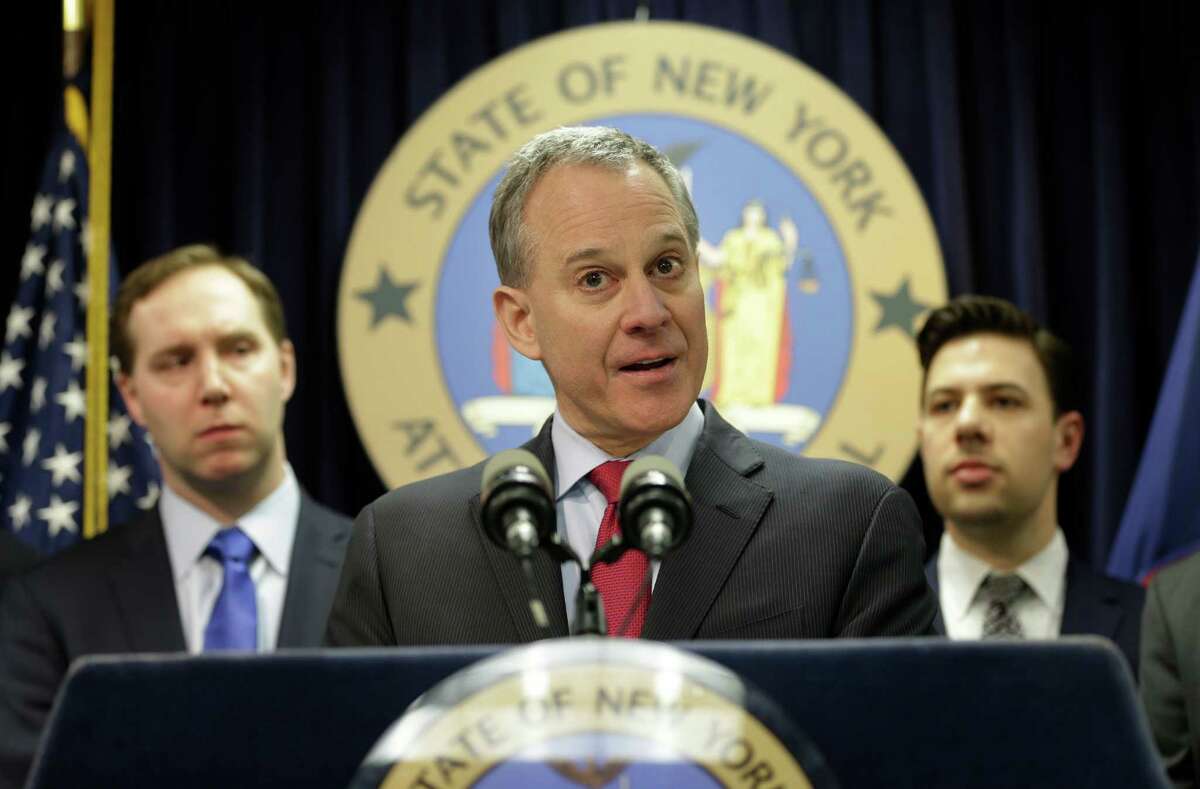 New York Attorney General Eric Schneiderman speaks at a new conference in New York, Monday, March 21, 2016. The nation's two largest daily fantasy sports websites have agreed to stop taking paid bets in New York through the end of baseball season, in September, as lawmakers consider legalizing the popular online contests, the state's attorney general announced Monday. (AP Photo/Seth Wenig) ORG XMIT: NYSW104
