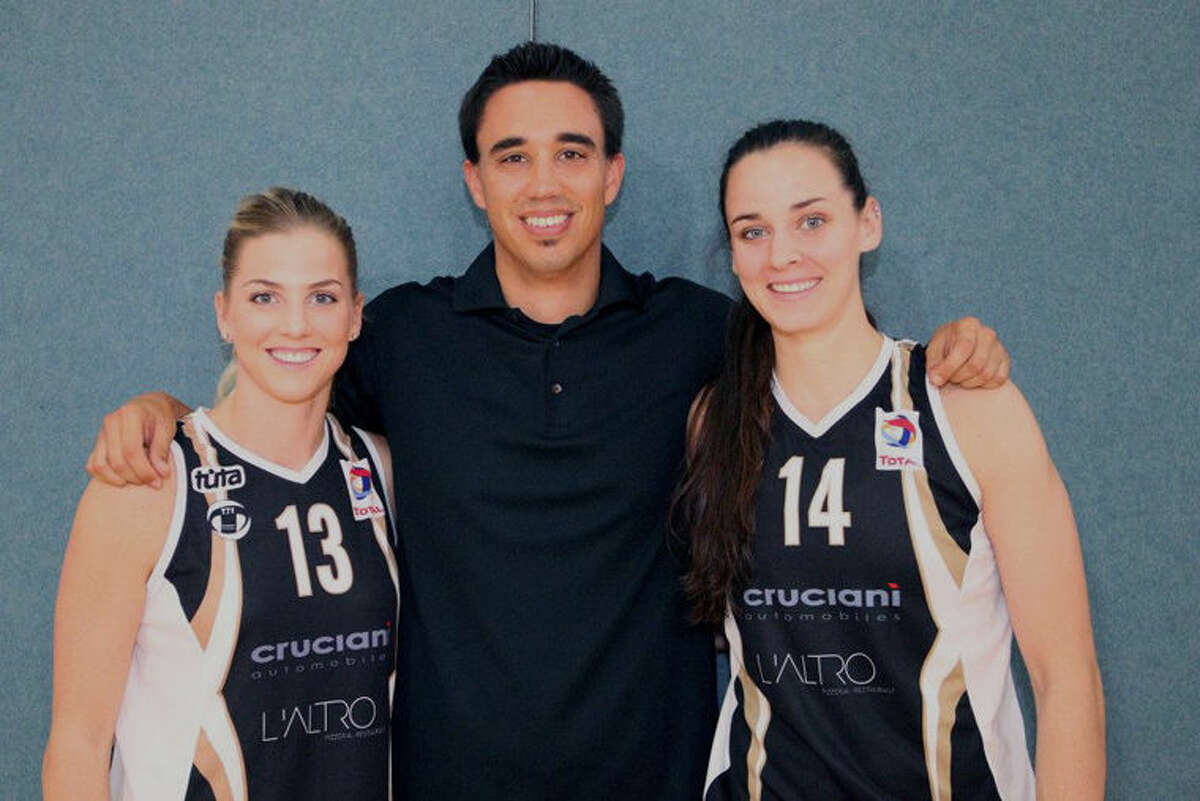 Dow High alum Jessica Schroll (right) poses with members of her current team, T71, based in Dudelange, Luxembourg. At left is her teammate Stefanie Yderstrom, and in the center is T71 coach Thierry Kremer.