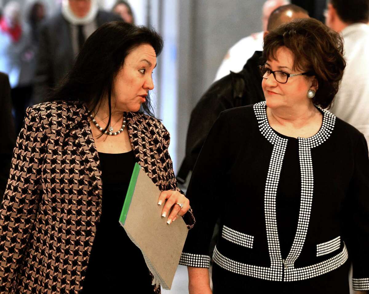 Chancellor elect Betty Rosa, left, speaks with Commissioner of Education Maryellen Elia, right, after her election during a meeting of the New York State Board of Regents on Monday, March 21, 2016, at the Education Department building in Albany, N.Y. Rosa will take office on April 1st replacing Merryl H. Tisch. (Skip Dickstein/Times Union)