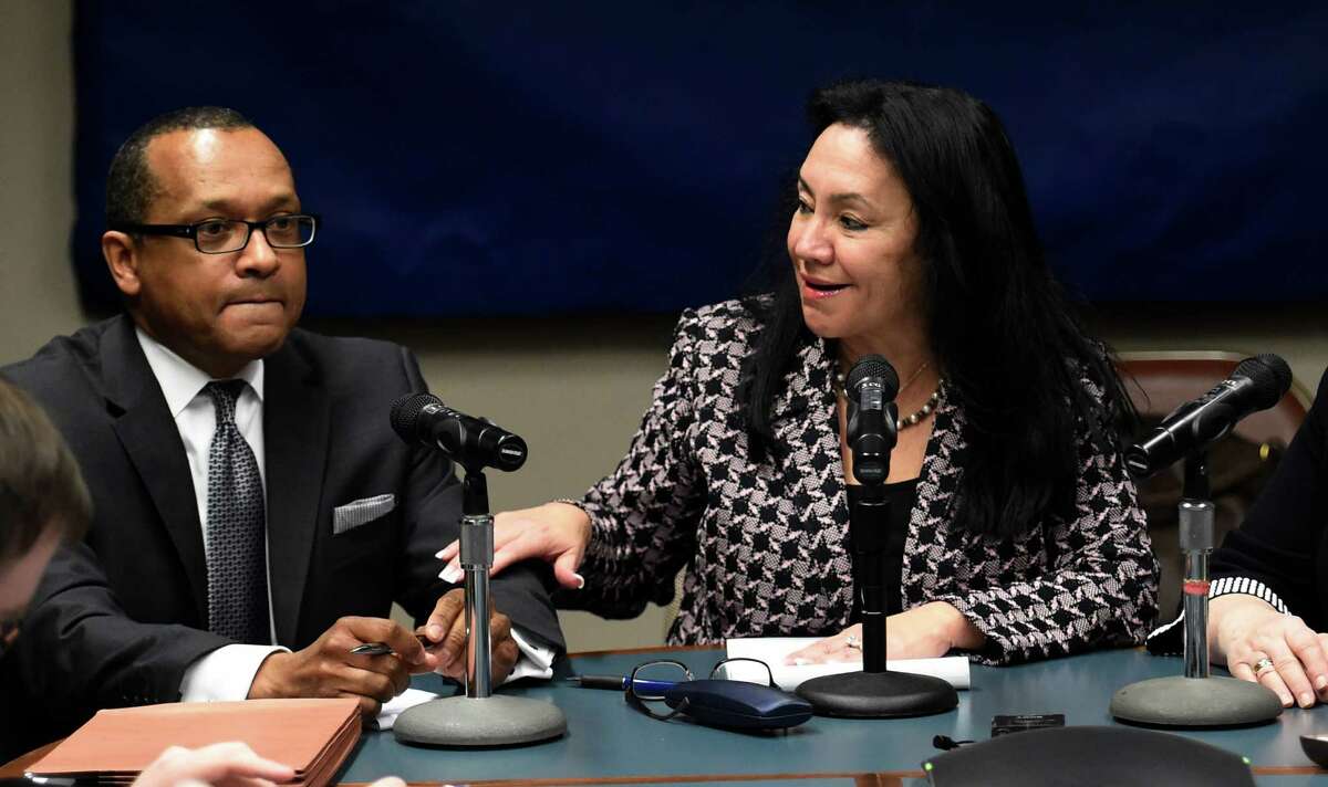 Betty Rosa, right, speaks with Andrew Brown after their election to the position of Chancellor and Vice Chancellor respectively of the New York State Board of Regents on Monday morning, March 21, 2016, during a meeting held at the Education Department building in Albany, N.Y. (Skip Dickstein/Times Union)