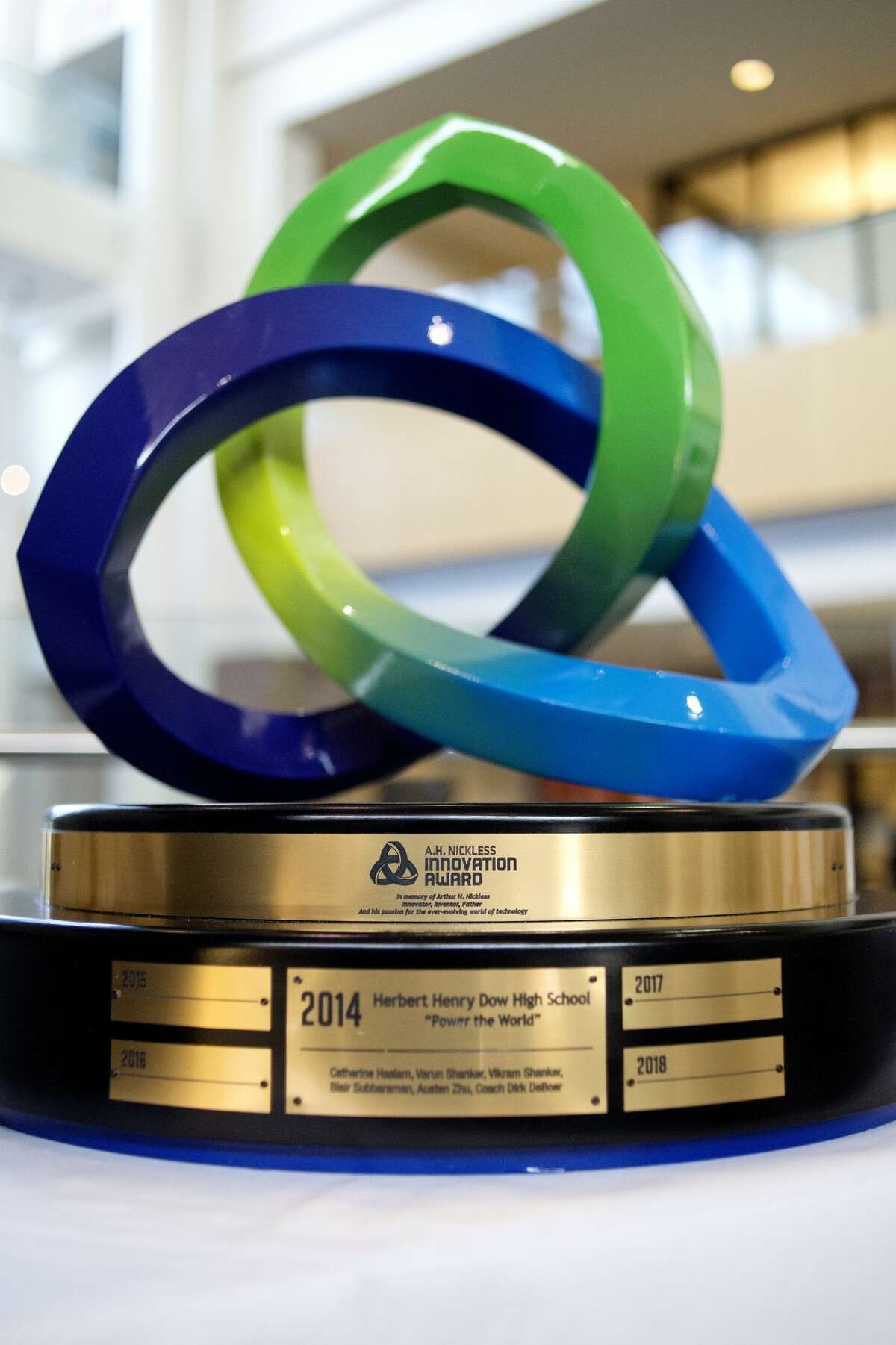 NICK KING | nking@mdn.net The AH Nickless Innovation Award sits on display in the lobby of the Alan W. Ott Auditorium during the second annual AH Nickless Innovation Award competition on Saturday at Saginaw Valley State University.
