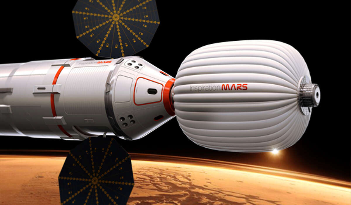 A drawing provided by Inspiration Mars shows an artist’s conception of a spacecraft envisioned by the private group, which wants to send a married couple on a mission to fly by the red planet and zip back home, beginning in 2018. The nonprofit “Inspiration Mars” will get initial money from multimillionaire Dennis Tito, the first space tourist. Outsiders put the price tag at more than $1 billion. The mission, announced Wednesday, Feb. 27, 2013, would last more than 16 months. (AP Photo/Inspiration Mars)