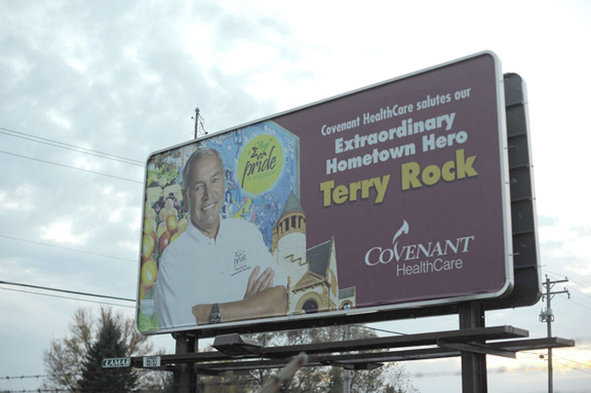 One of six billboards posted around the Saginaw Bay area showing Terry Rock, who was recently named Hometown Hero in a Covenant HealthCare contest on Facebook. In addition to the billboards, Rock received a dinner at his favorite restaurant and a $500 gift to donate to the non-profit of his choice. Rock chose PRIDE, an organization that works to develop and promote downtown Saginaw.