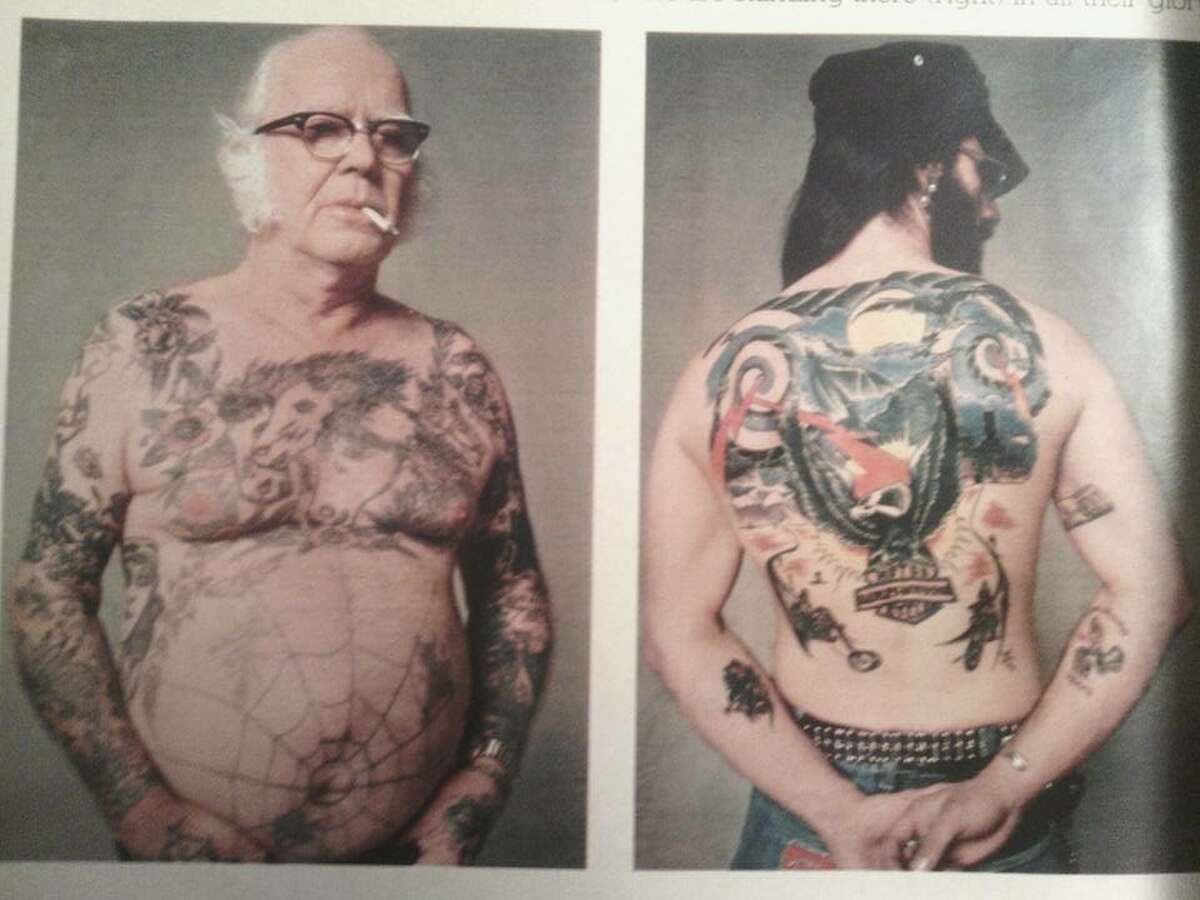 Spiderwebs, flowers. eagles, and scowls have been mainstays of tattoo culture for decades. At left is tattooist Beachcomber Bill, who started tattooing in Corpus Christi in the 1930's. 