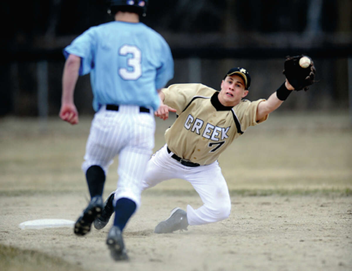 Daily News File/BRETT MARSHALL In this photo from the 2008 season, Bullock Creek High's Jordan Dean dives to catch the ball in an attempt to throw out Meridian High's Travis Wade at second base. Despite Dean's effort, Wade was safe on the play.