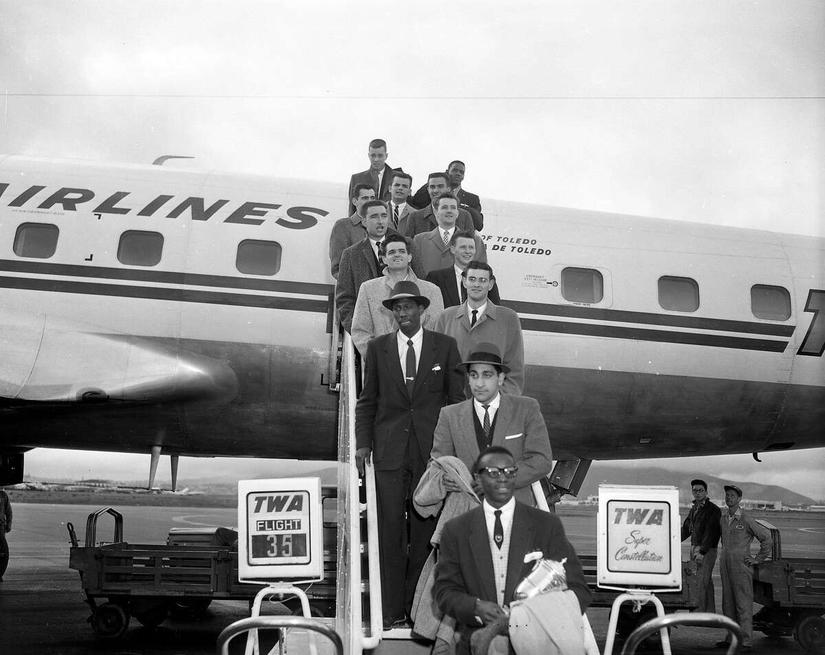 USF Dons return home from winning NCAA basketball title April 1956 staff photo, no photographer listed.