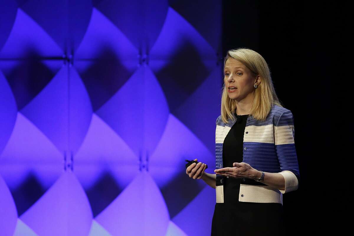 Yahoo CEO Marissa Mayer delivers the keynote address Thursday, Feb. 18, 2016, at the Yahoo Mobile Developer Conference in San Francisco. (AP Photo/Eric Risberg)