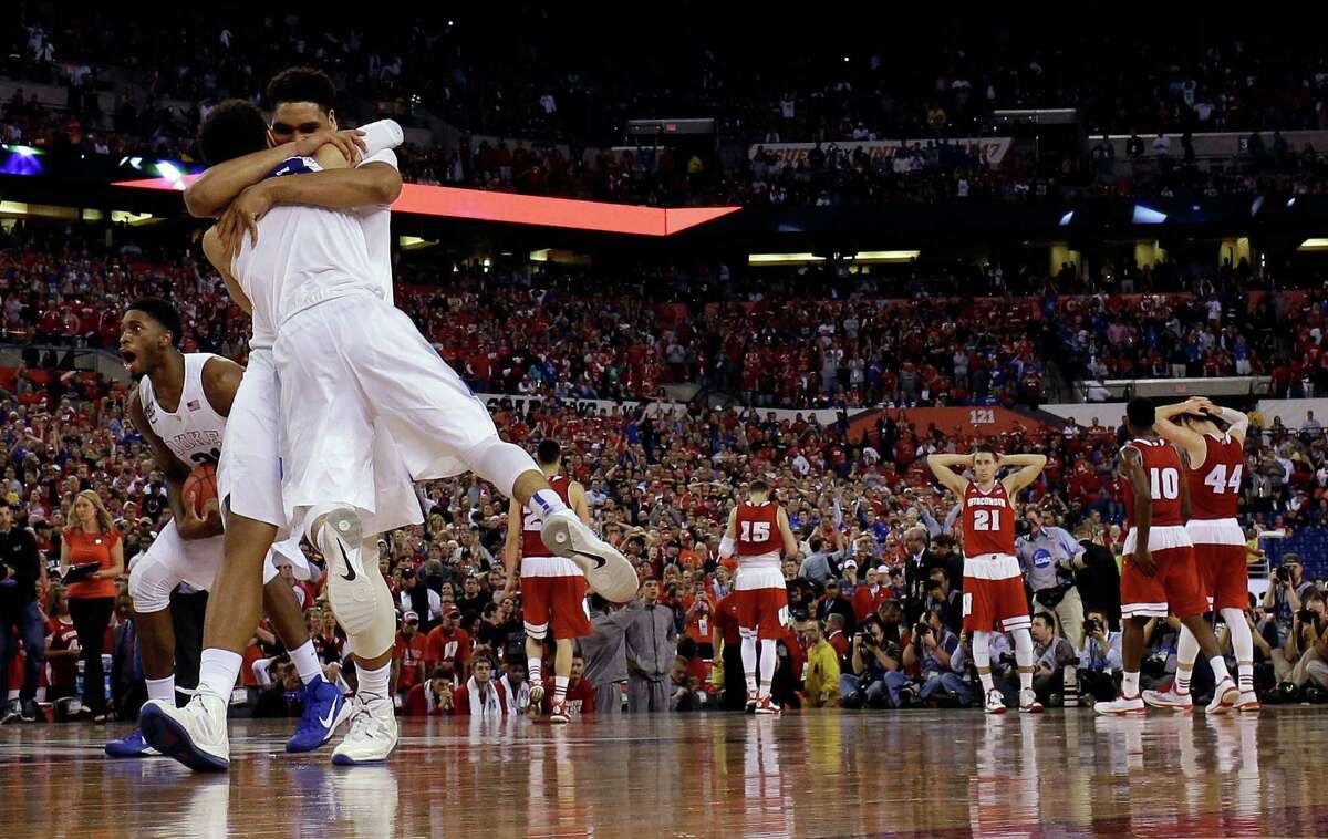 Duke players celebrate after the 2015 NCAA championship game against Wisconsin in Indianapolis.