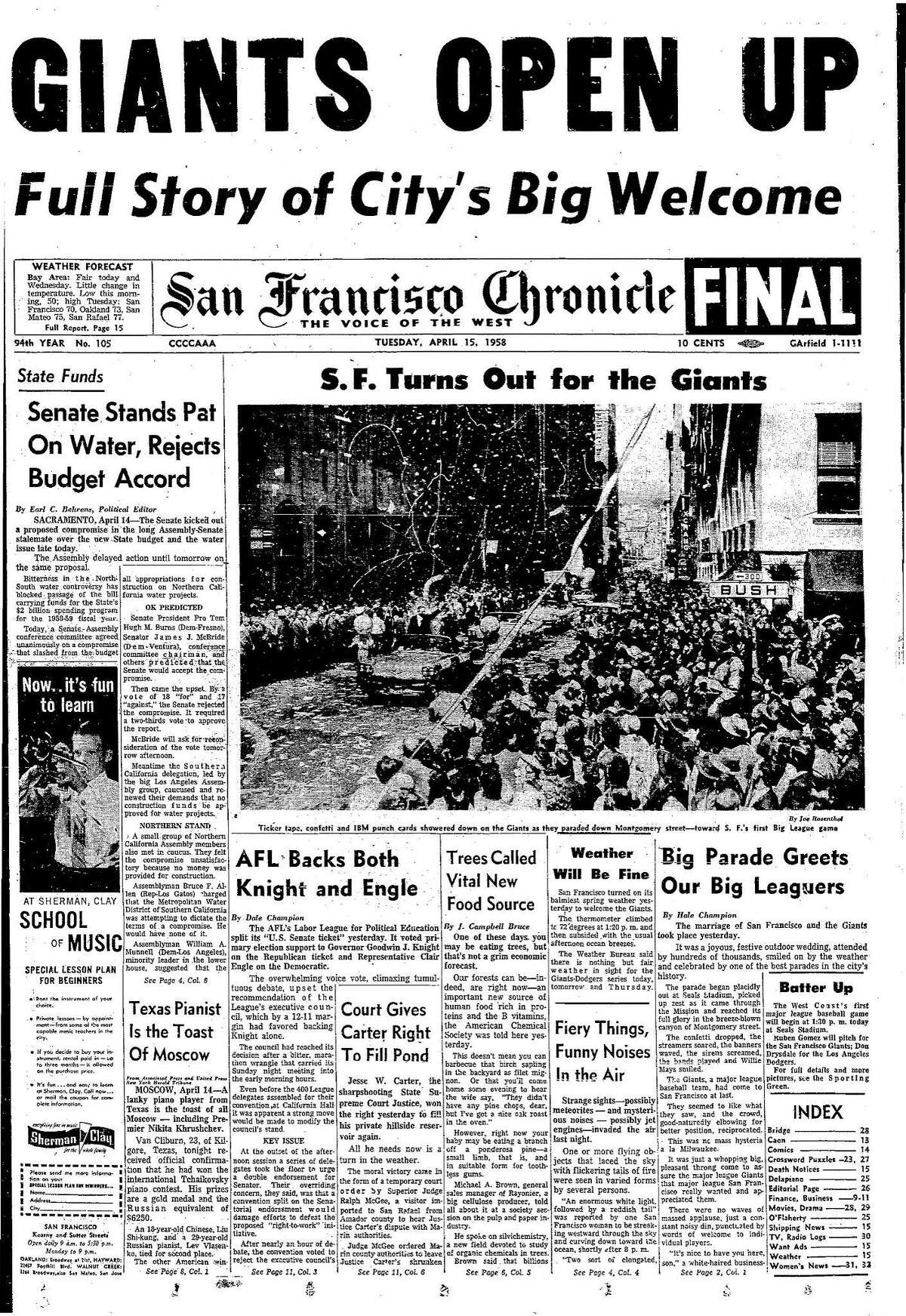 历史编年史头版1958年4月15日，巨人队的开幕日游行，这一天将在海豹体育场开幕Chron365, Chroncover