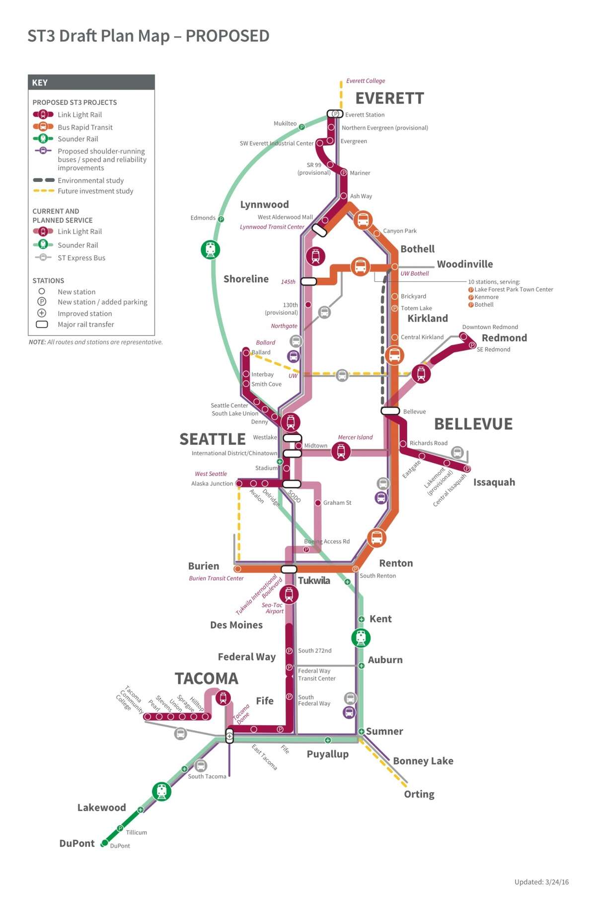 This map, included in the draft Sound Transit 3 proposal, shows existing, planned and proposed transit lines around the region.