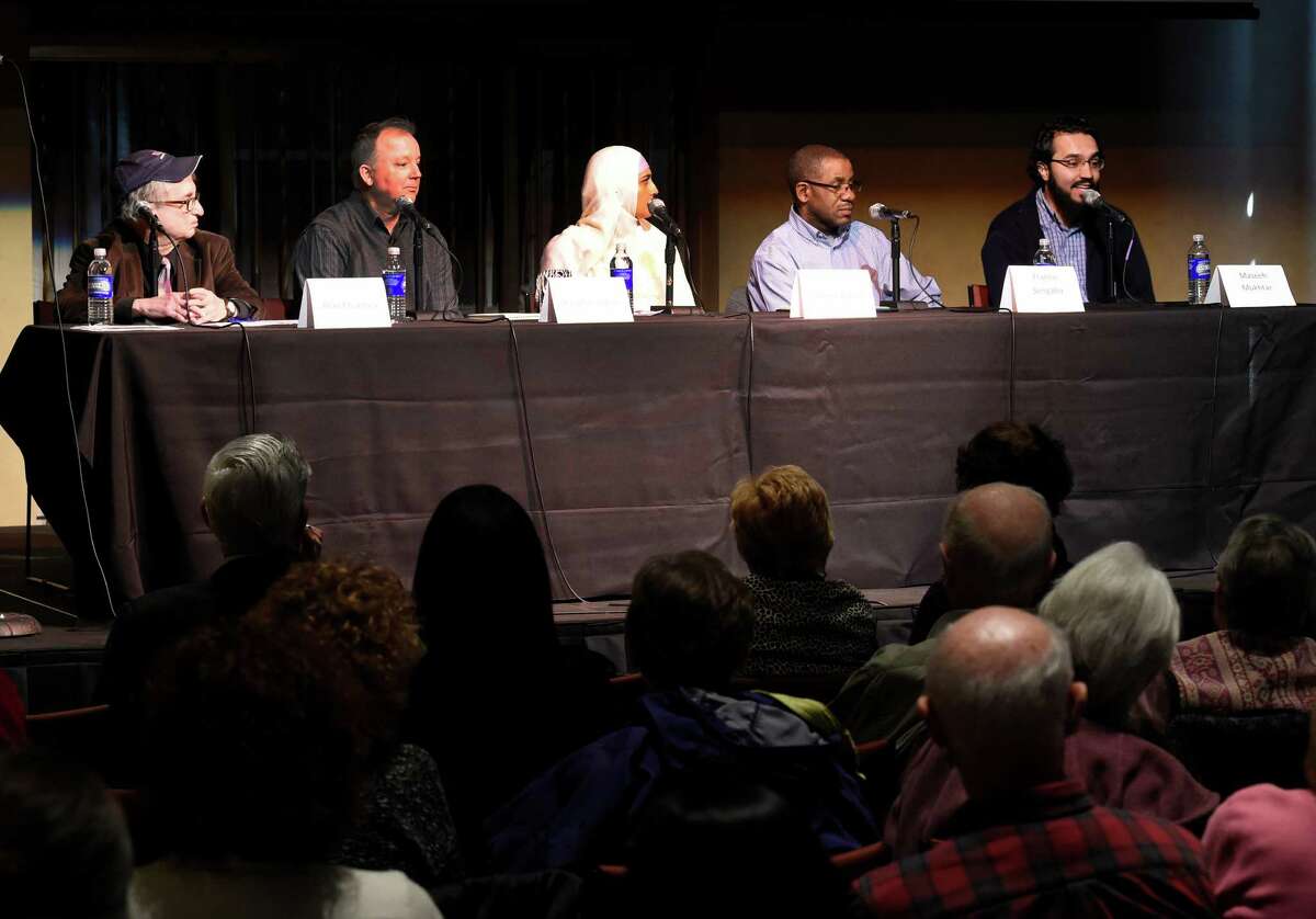 As part of ongoing events in conjunction with the A City of Immigrants celebration WAMC Northeast Public Radio and the Times Union partnered on a live panel at The Linda, WAMC's Performing Arts Studio on Thursday, March 24, 2016, in Albany, N.Y. Panelists from left to right; Alan Chartock, WAMC; Paul Grondahl, Albany Times Union; Uzma Popal, Pakistani immigrant; Francis Sengabo, a Twandan refugee with Refugees and Immigrants Support Services of Emmaus(RISSE) and Maseeh Mukhtar, immigrant and Ph.D student in nanotechnology at SUNY Polytechnic. (Skip Dickstein/Times Union)