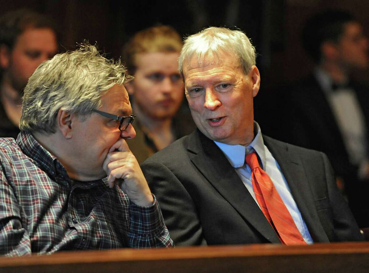 Phil Brown, right, is seen in the courtroom where owners of land in the Adirondack Mountains try to convince the state's Court of Appeals that the public should not be allowed to paddle through waterways that cross their property at the State Court of Appeals on Thursday, March 24, 2016 in Albany, N.Y. Phil Brown, the editor of the Adirondack Explorer, was sued by the Brandreth Park Association and Friends of Thayer Lake after he wrote an article in 2009 about canoeing from Lake Lila to Little Tupper Lake in the state-owned Whitney Wilderness Area. (Lori Van Buren / Times Union)