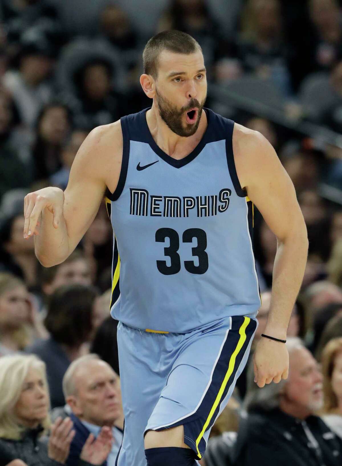 Memphis Grizzlies center Marc Gasol (33) celebrates after he scored against the San Antonio Spurs during the second half of an NBA basketball game, Monday, March 5, 2018, in San Antonio. (AP Photo/Eric Gay)