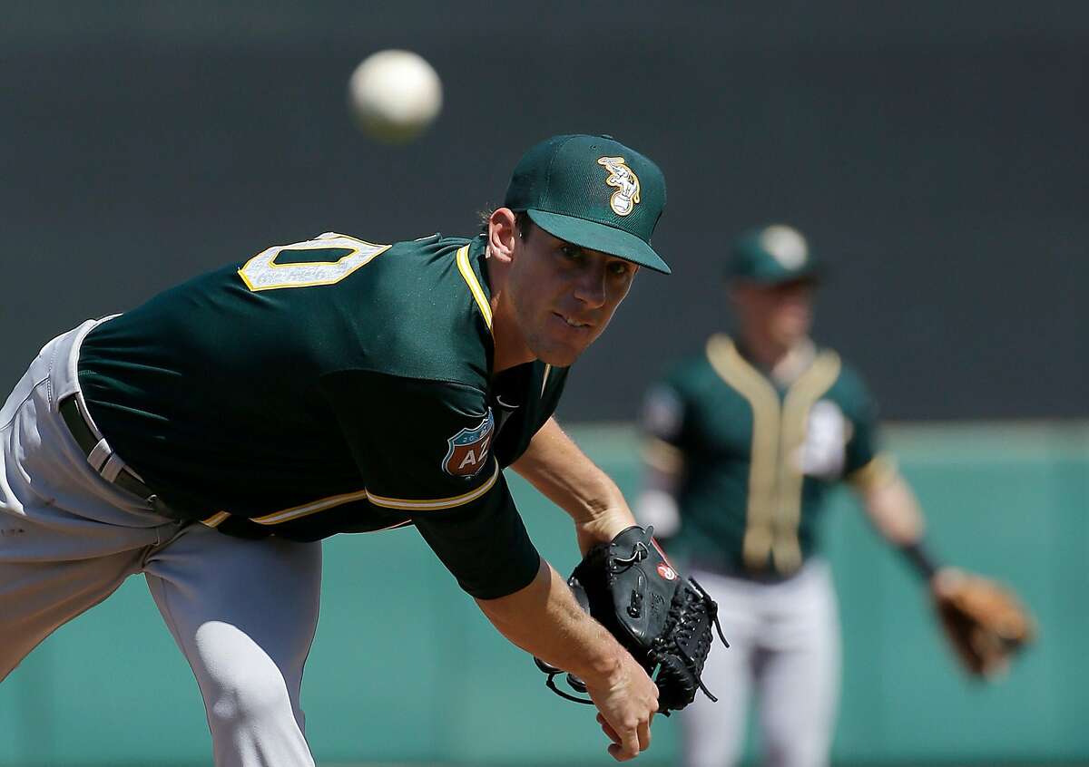 Oakland Athletics starting pitcher Chris Bassitt (40) throws before the first inning of a spring training baseball game against the San Francisco Giants in Scottsdale, Ariz., Monday, March 21, 2016. (AP Photo/Jeff Chiu)