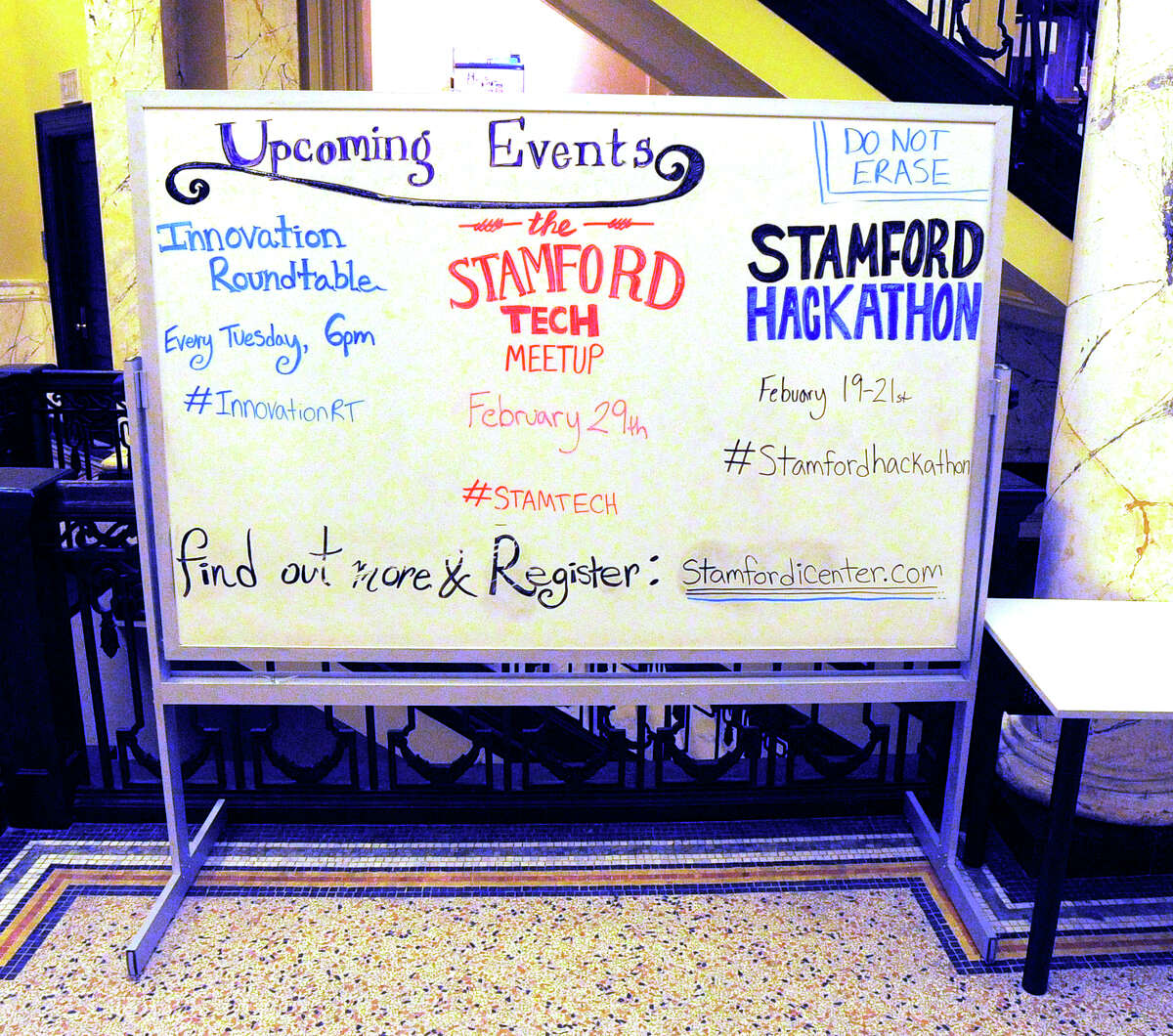 An event board in February 2016 at the Stamford Innovation Center in Stamford, Conn.