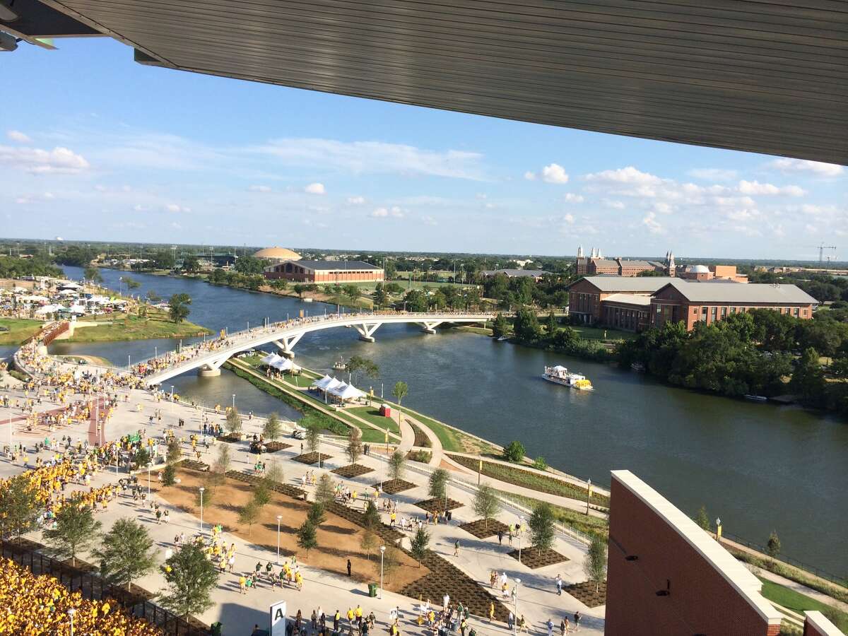 The view from Baylor's McLane Stadium overlooking the Sheila and Walter Umphrey Bridge and the Sheila and Walter Umphrey Law Center. (Photo provided by Bradley J.B. Toben)