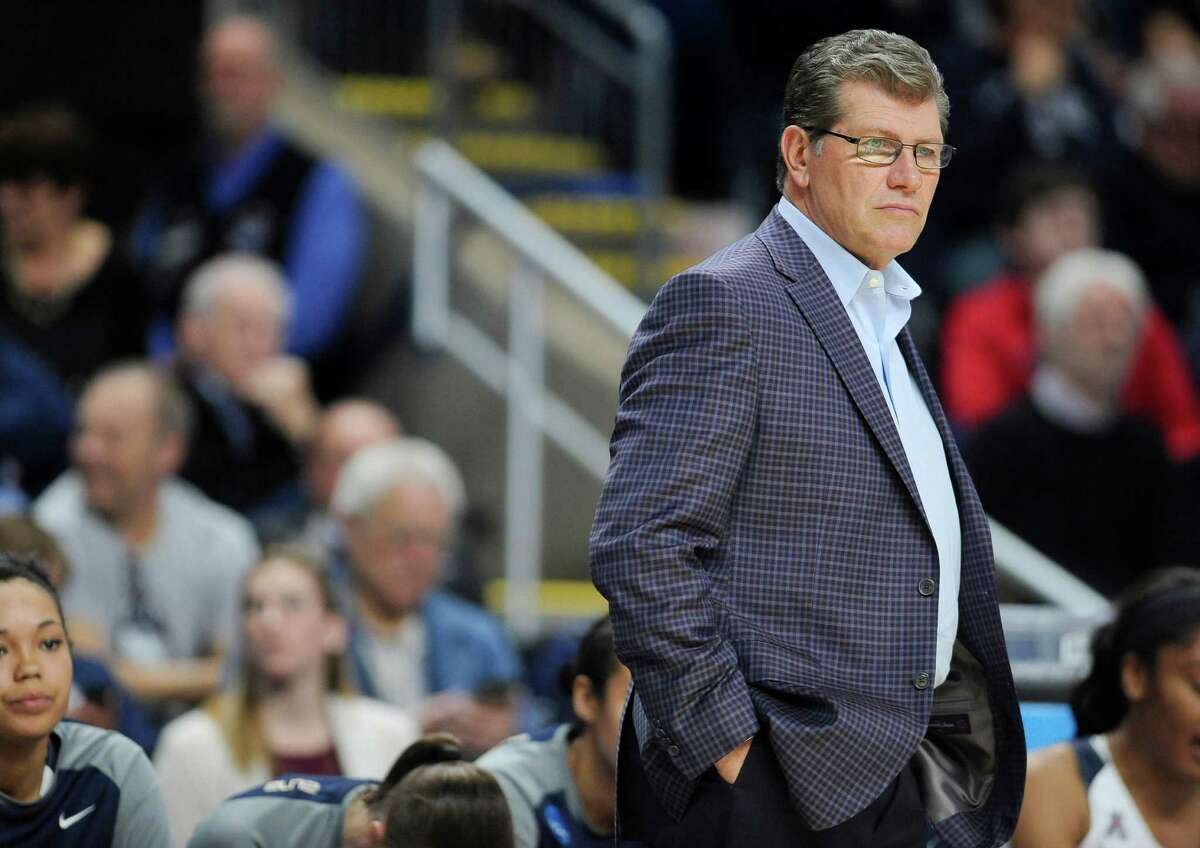 Connecticut head coach Geno Auriemma watches action during the second half of an NCAA college basketball game against Mississippi State in the regional semifinals of the women's NCAA Tournament, Saturday, March 26, 2016, in Bridgeport, Conn.