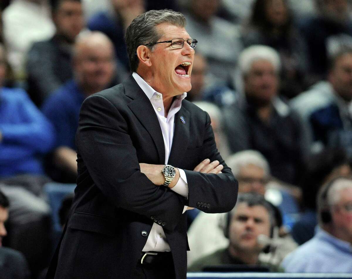 Connecticut head coach Geno Auriemma calls out to his team during the second half of a second round women's college basketball game against Duquesne in the NCAA Tournament, Monday, March 21, 2016, in Storrs, Conn. UConn won 97-51.