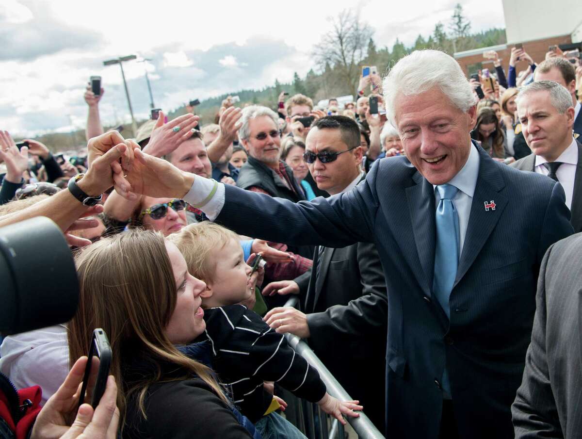 Former President Bill Clinton campaigns for his wife, Democratic presidential candidate Hillary Clinton, during a “Washington Get Out The Caucus” rally last week at Spokane Falls Community College in Spokane, Wash. On April 21, he will raise funds in Westport for the Clinton campaign.