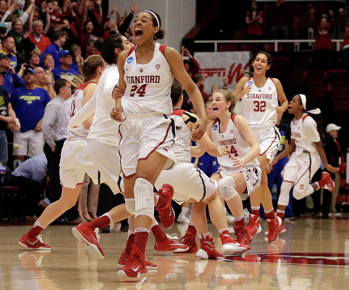 Stanford's Erica McCall (24), Karlie Samuelson (44) and Kailee Johnson (32) exult after beating South Dakota State in the second round of the NCAA Tournament. Expectations will be high for the Cardinal next season.