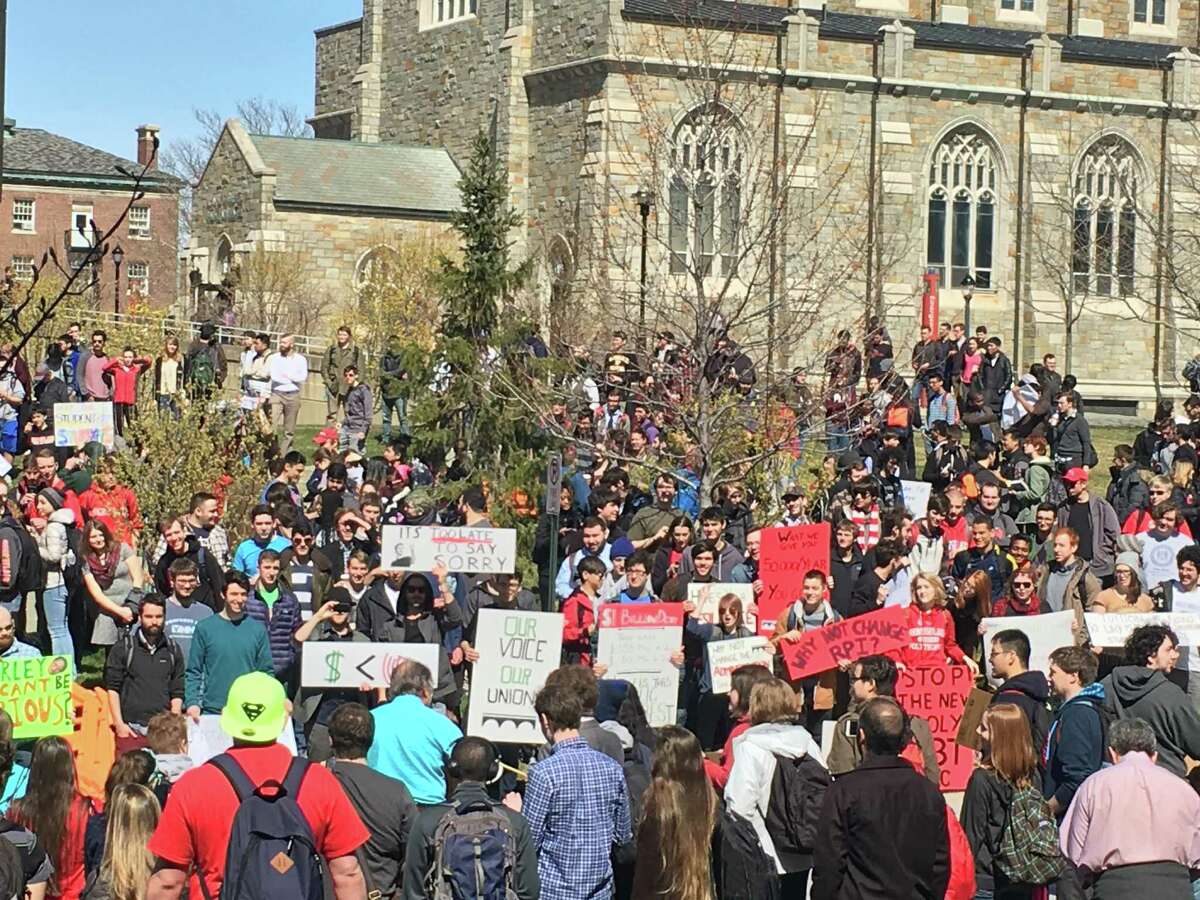 Students hold a protest on Wednesday, March 30, 2016, on the RPI campus in Troy, N.Y.