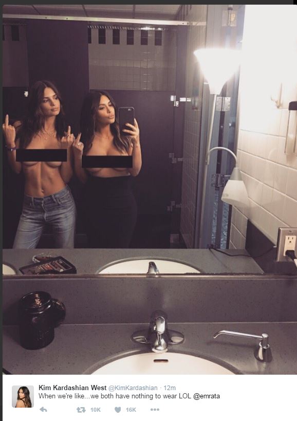 578px x 818px - Kim Kardashian still can't find anything to wear, posts nude selfie with  model Emily Ratajkowski