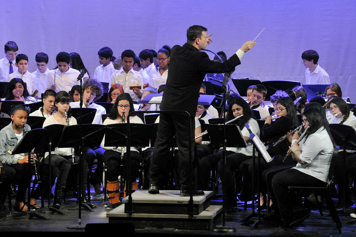 The combined eighth grade band performs during the first Citywide Band Concert at Westhill High School in Stamford, Conn., on Thursday, March 26, 2015. The district will hold its second such concert on Thursday, March 31. 2016.