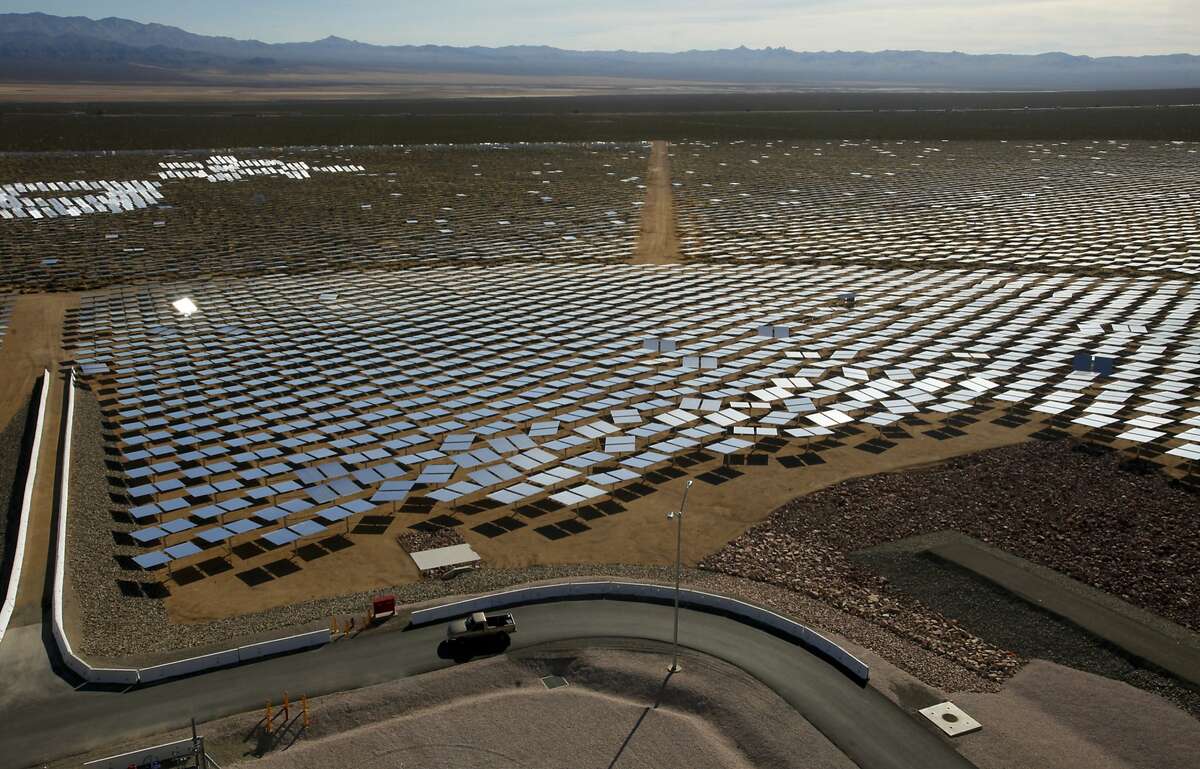 At the Ivanpah Solar Electric Generating System in California's Mojave Desert, some of the plant's 347,000 garage-door-sized mirrors used to generate power can be seen. California is looking for a reliable way to store green energy for when customers need it. (Mark Boster/Los Angeles Times/TNS)