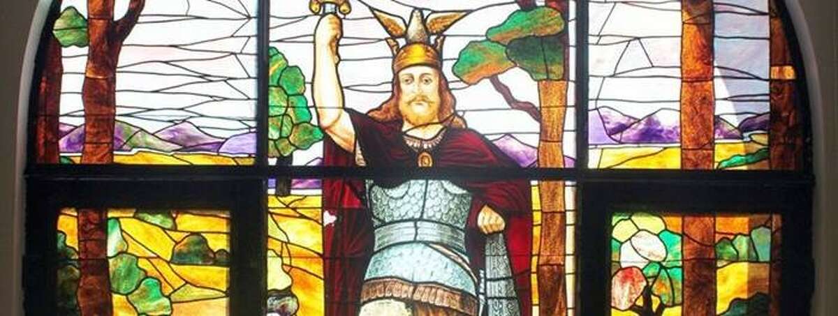 This stained glass window depicts Hermann the Cherusker in the Hermann Sons Home Association Building at 525 S. Saint Mary's Street in San Antonio.