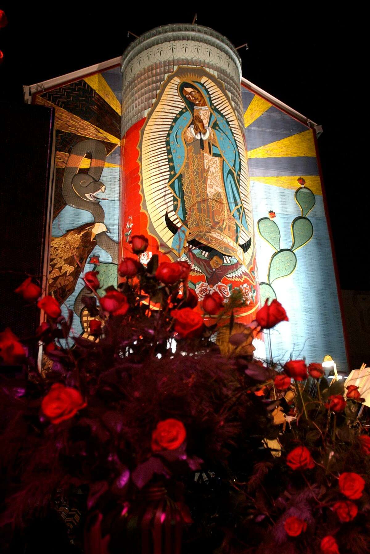 “La Veladora of Our Lady of Guadalupe” mosaic sculpture created by Jesse Trevino for the Guadalupe Cultural Arts Center was unveiled in 2003.